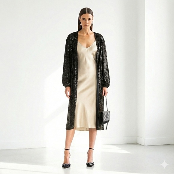 Retrofete Jackets & Blazers - Retrofete black sequin duster jacket / midi wrap dress - Small